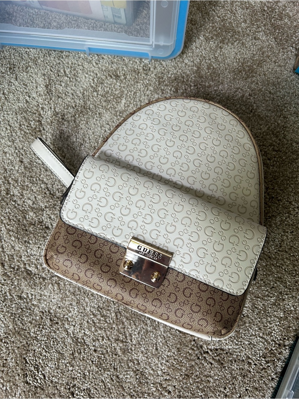 GUESS Cream & Brown Monogram Mini Backpack with Gold Hardware